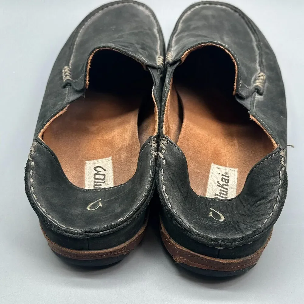 Olukai Moloa Men's 10 Black Nubuck Leather Casual Shoes Slip-On Round Toe Loafer